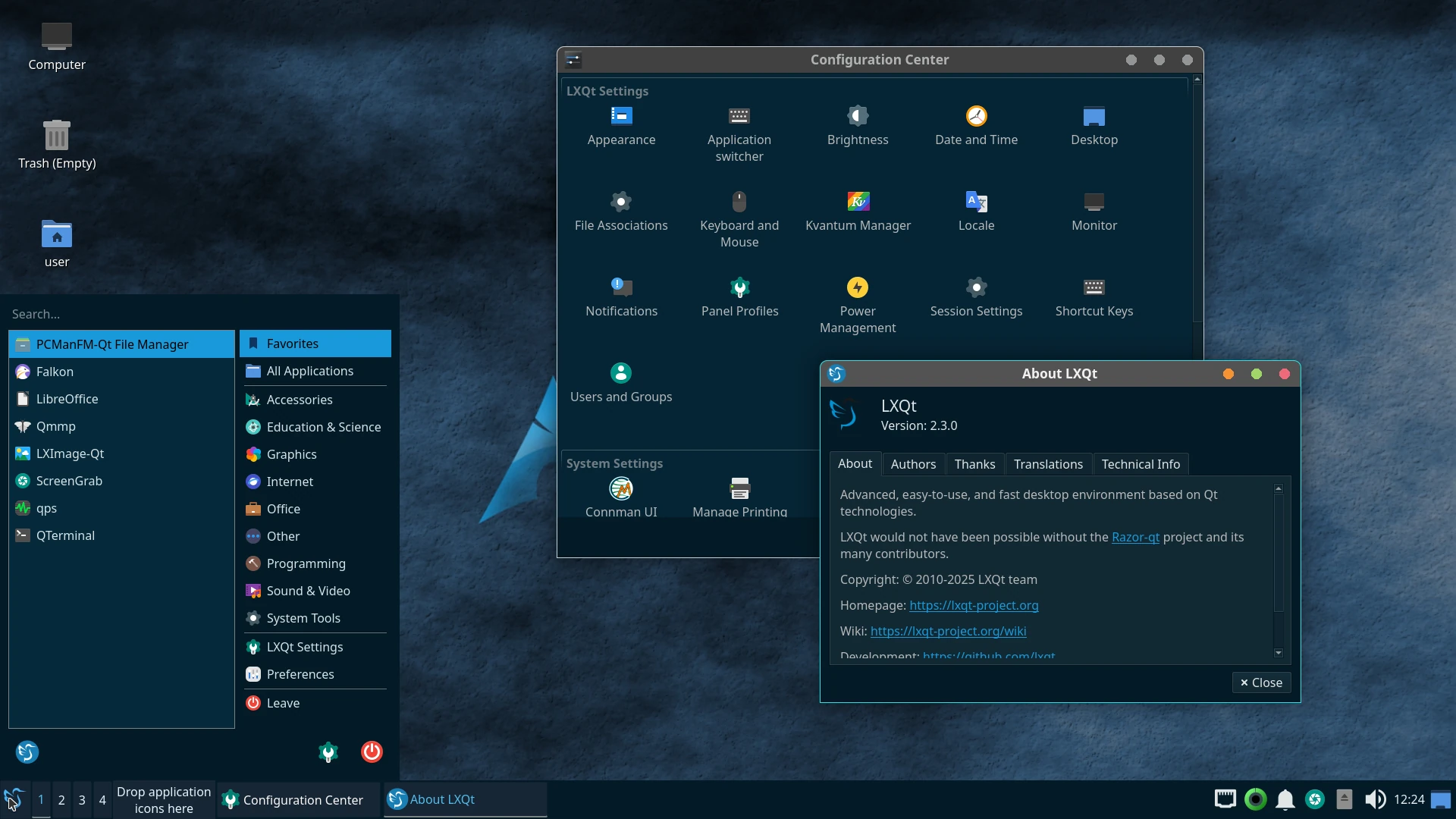 LXQt application menu and configuration center