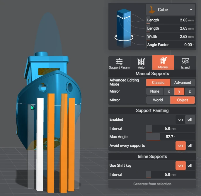 Lychee Slicer Benchy underside with mirrored inline supports and object-relative mirror settings
