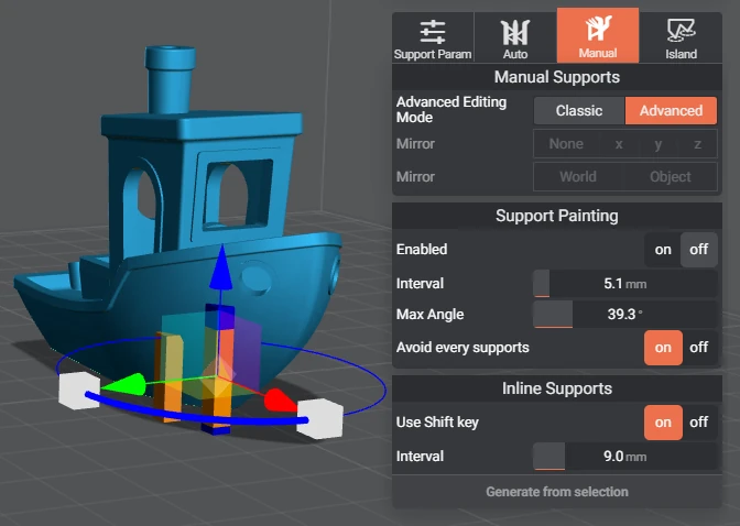 Lychee Slicer Benchy model with advanced manual supports and multicolored transform handles