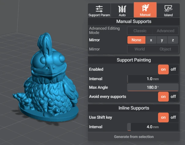 Lychee Slicer owl model with Manual Supports and enabled support-painting settings