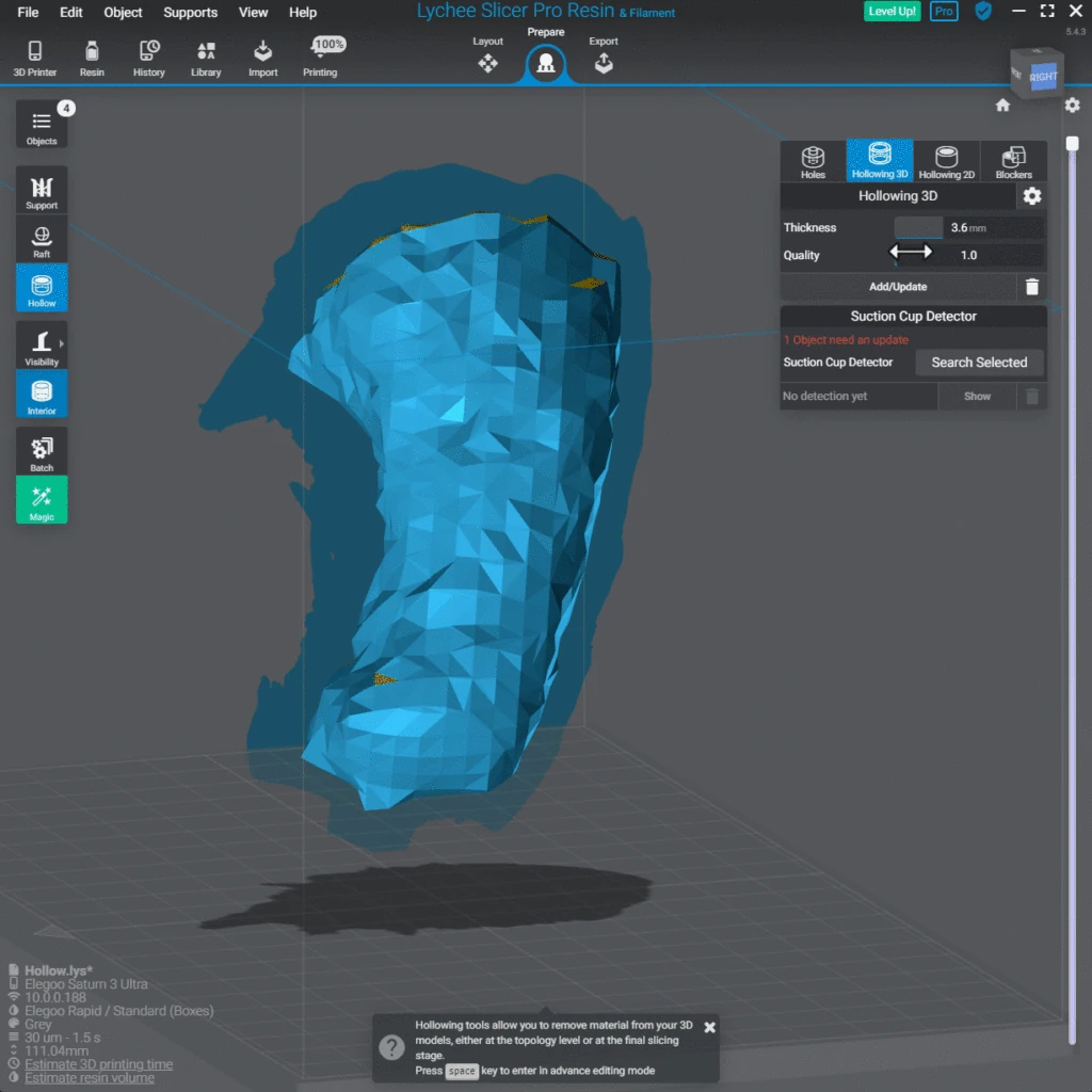 Lychee Slicer 3D hollowing view displaying the faceted interior mesh and wall-thickness settings