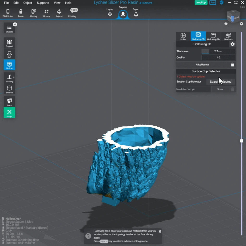 Lychee Slicer 3D hollowing workspace showing an open hollow tree-stump cross-section and wall thickness controls