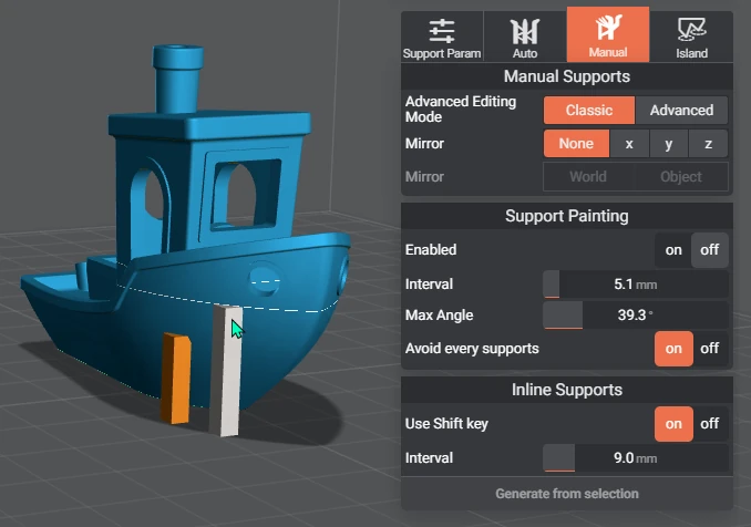 Lychee Slicer Benchy model with classic manual supports and support-painting interval controls
