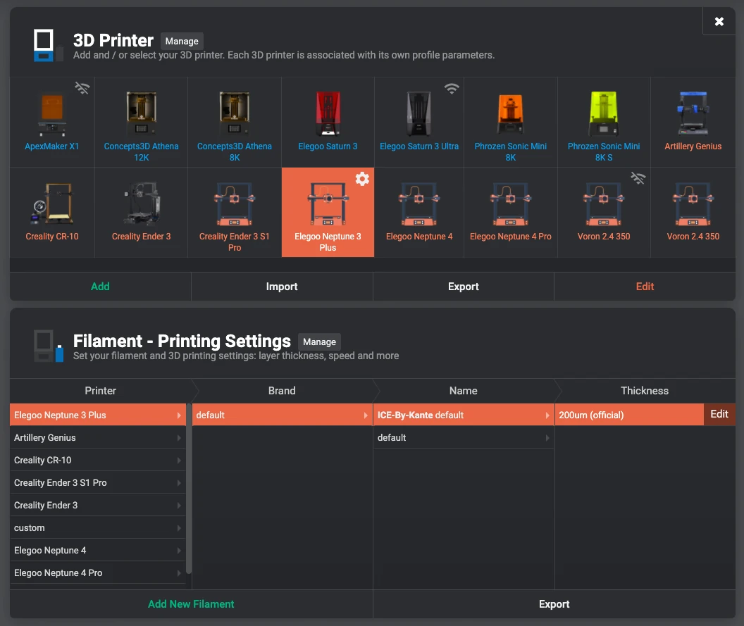 Lychee Slicer 3D printer selection and filament printing-settings panels with Elegoo Neptune 3 Plus selected