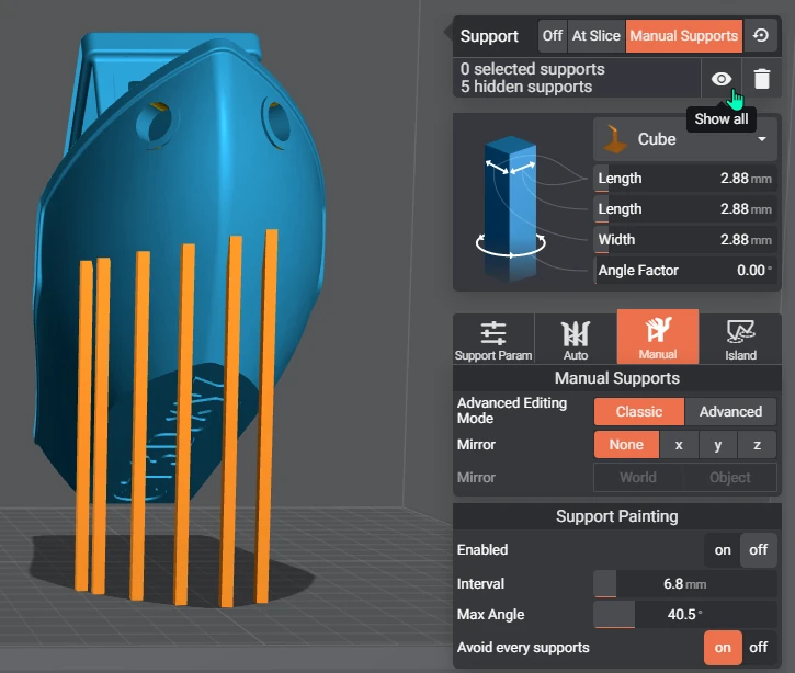 Lychee Slicer Benchy support visibility controls showing five hidden supports and manual-support parameters
