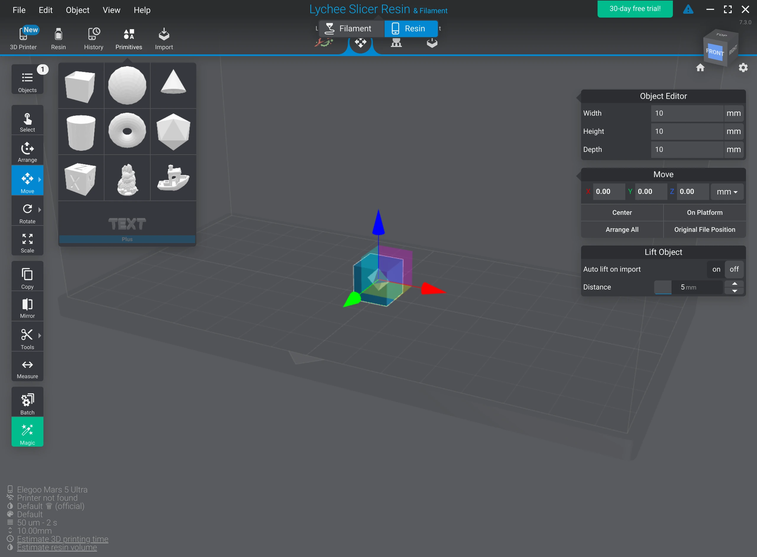 Lychee Slicer 3D workspace with primitive objects, a selected cube, transform arrows and object dimension controls