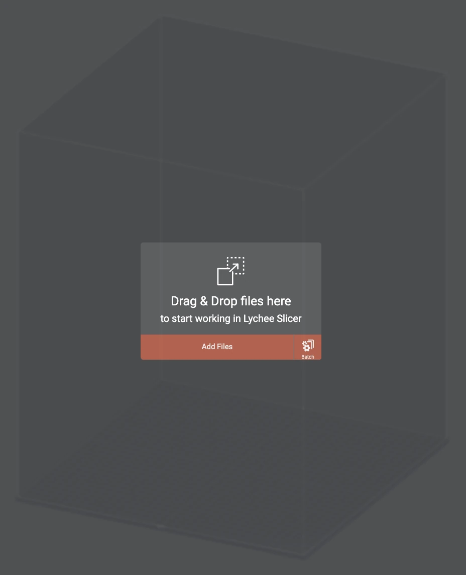 Lychee Slicer empty build plate with Drag and Drop files import prompt