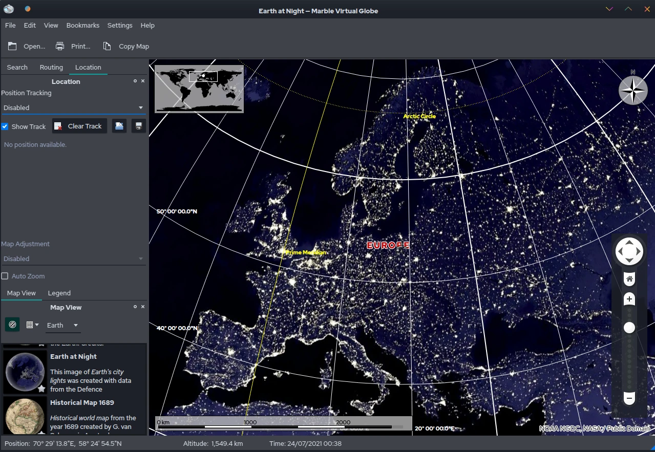 Marble Earth at Night map of Europe with city lights, coordinate grids and map-theme controls