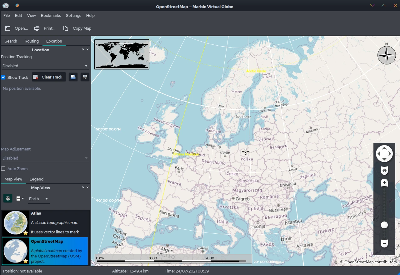 Marble OpenStreetMap view of Europe with country labels, coordinate grids and map-theme controls