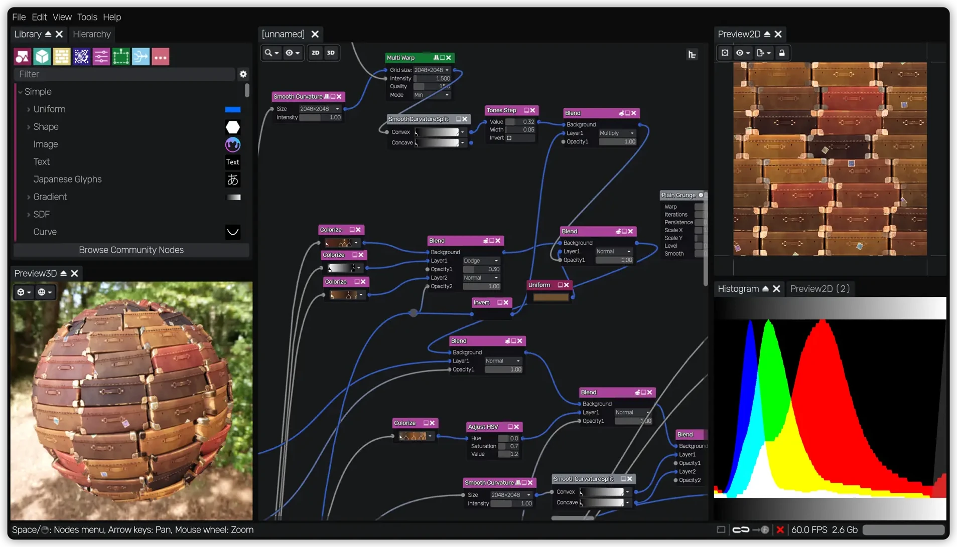 Material Maker node graph editor with a library panel, 3D preview sphere, 2D preview and histogram
