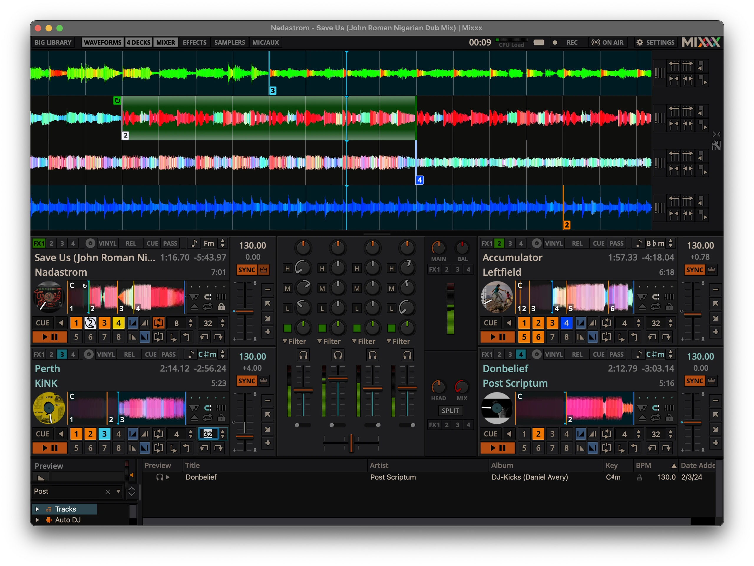 Mixxx four-deck mixing layout with stacked waveforms