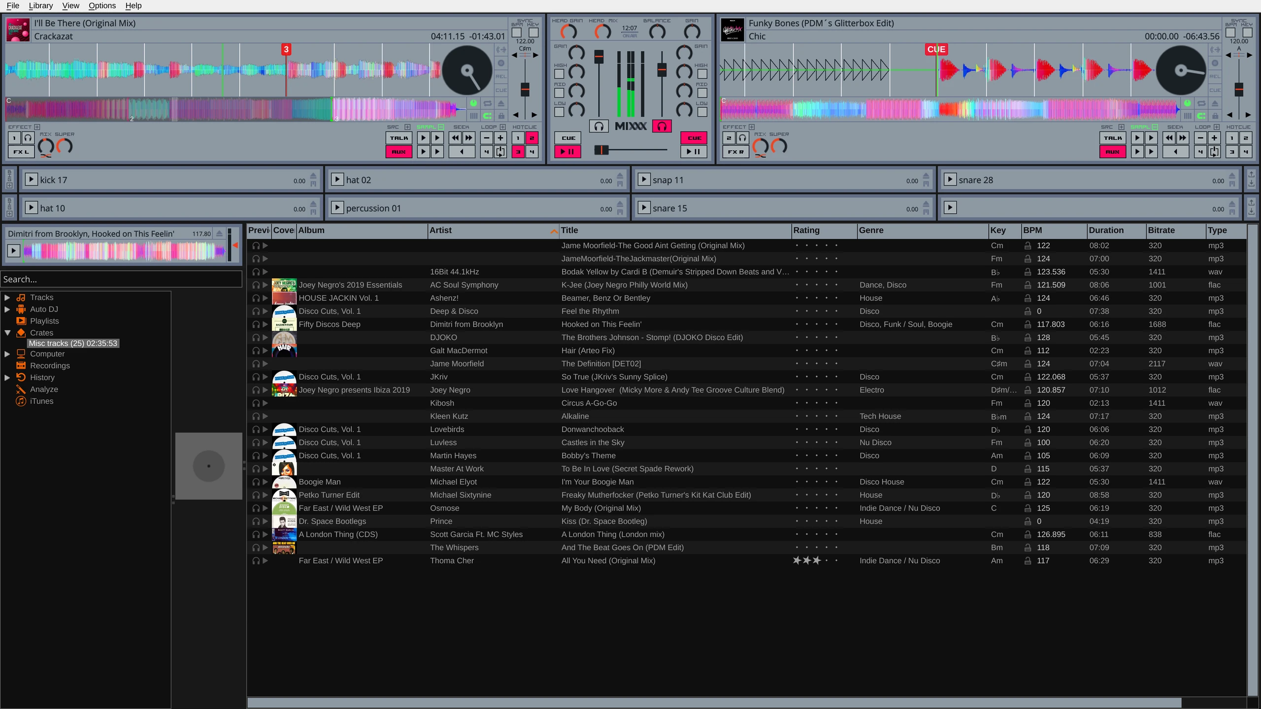 Mixxx light mixer layout with cue controls and music library