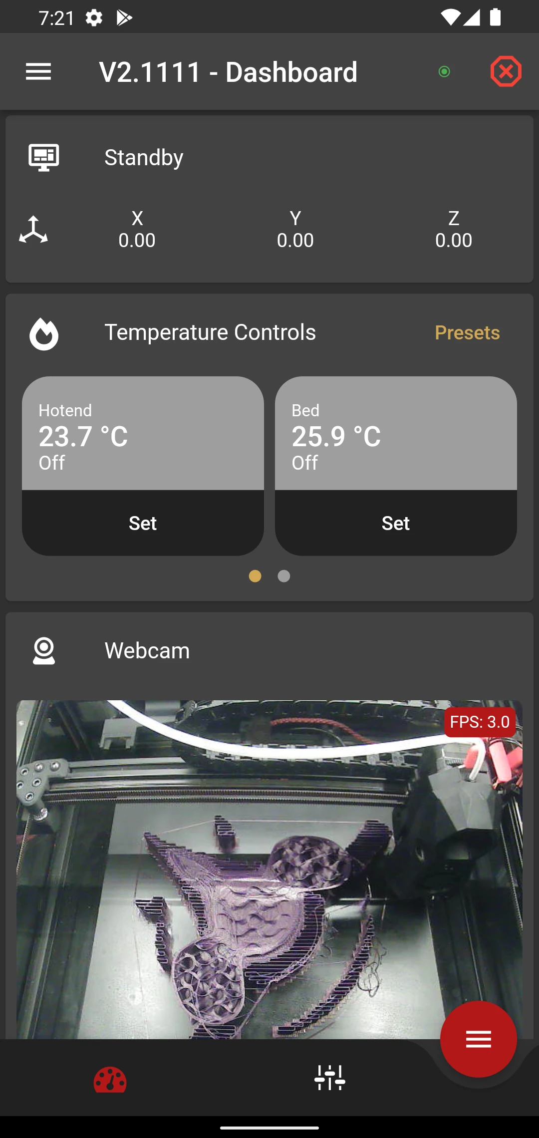 Dashboard screen with temperature controls and webcam view for a Klipper printer in the dark theme
