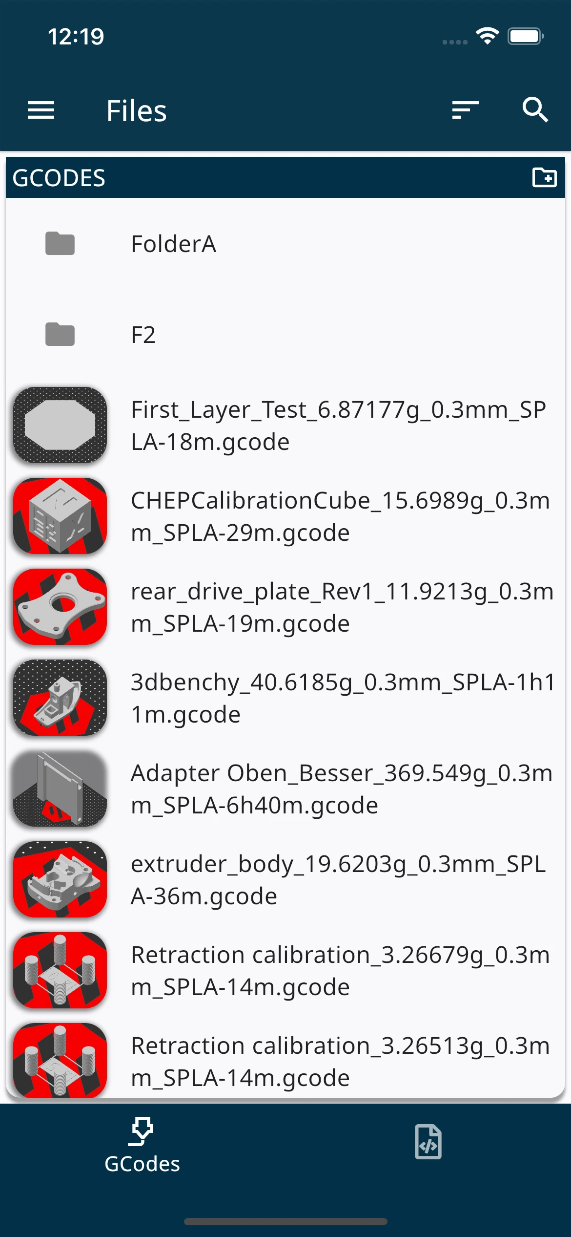 Files screen listing G-code files with thumbnail previews on an iPhone