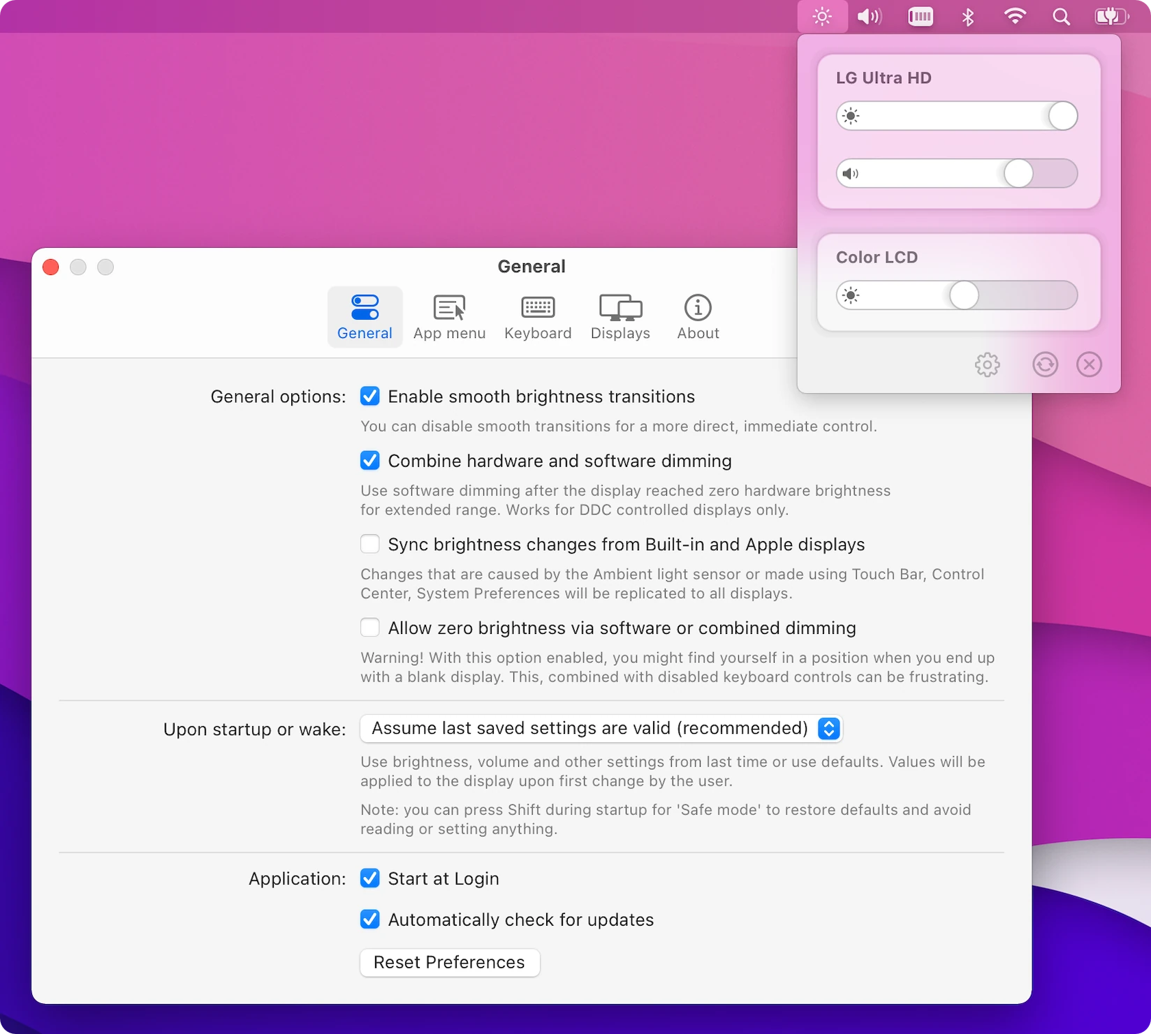 MonitorControl brightness menu and general settings