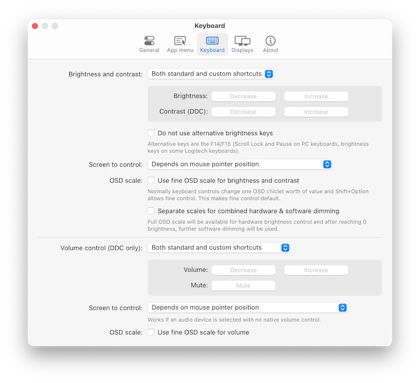 MonitorControl keyboard shortcuts settings