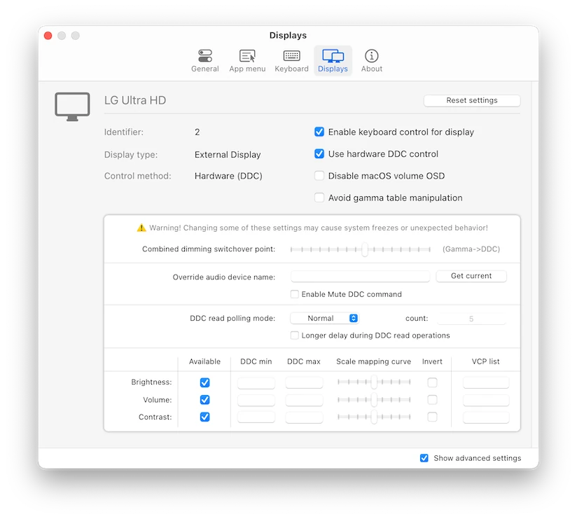 MonitorControl display and DDC settings