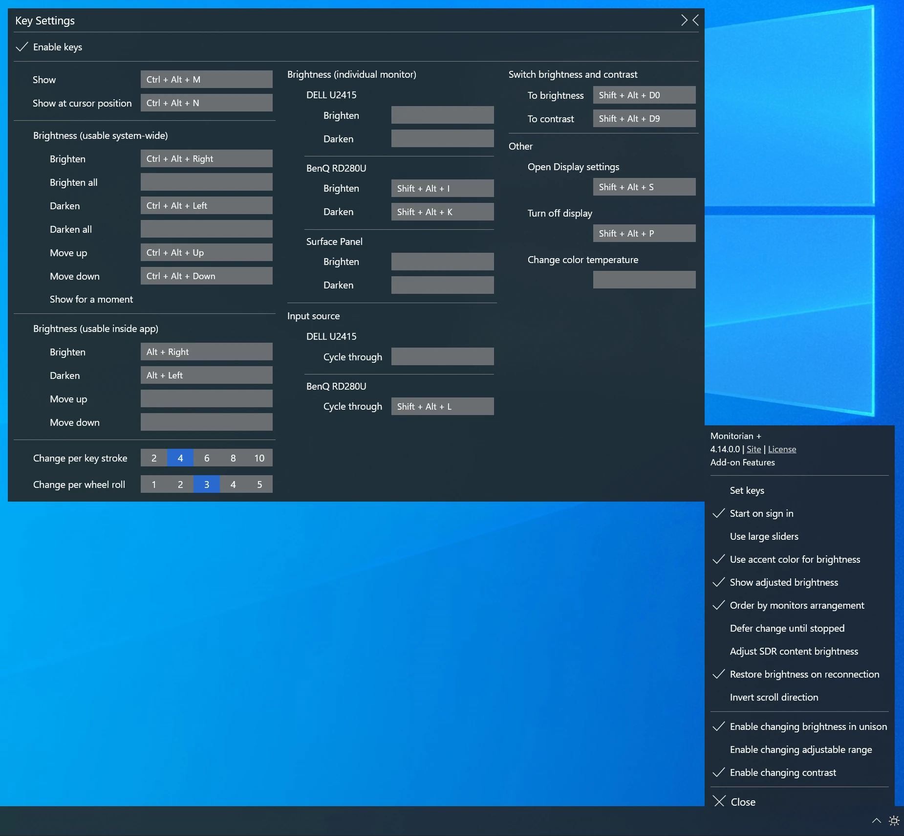 Monitorian keyboard and brightness settings