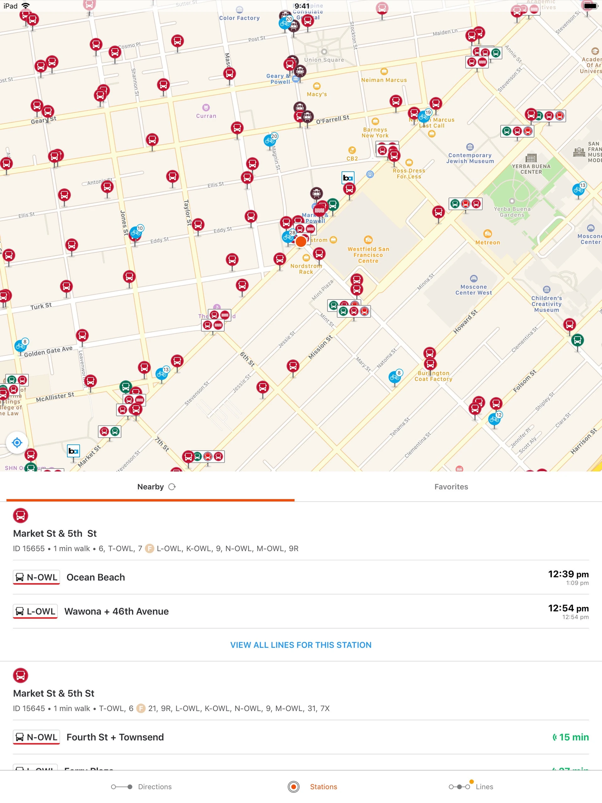 Moovit iPad nearby transit map and station arrival times