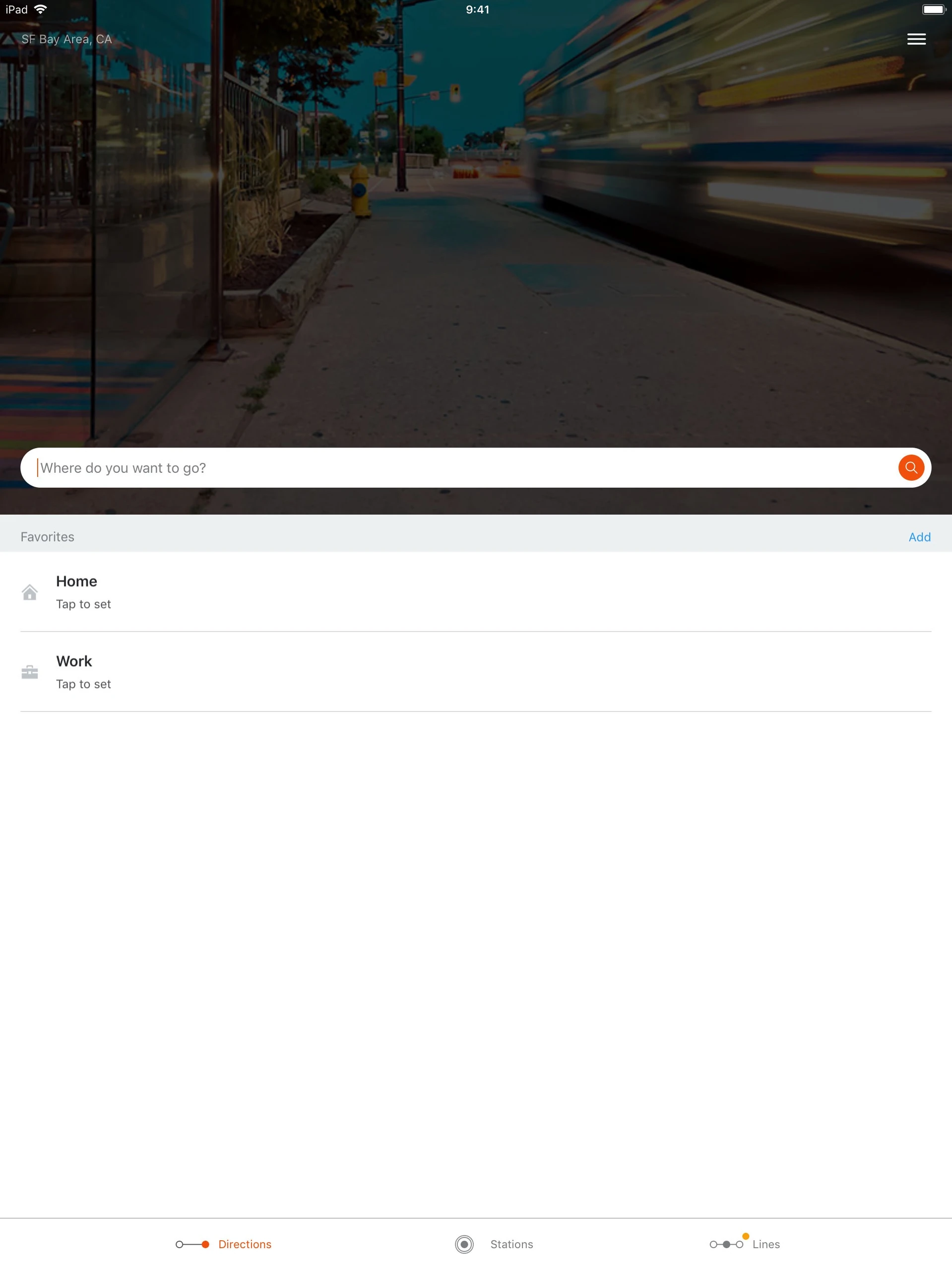 Moovit iPad destination search with Home and Work favorites