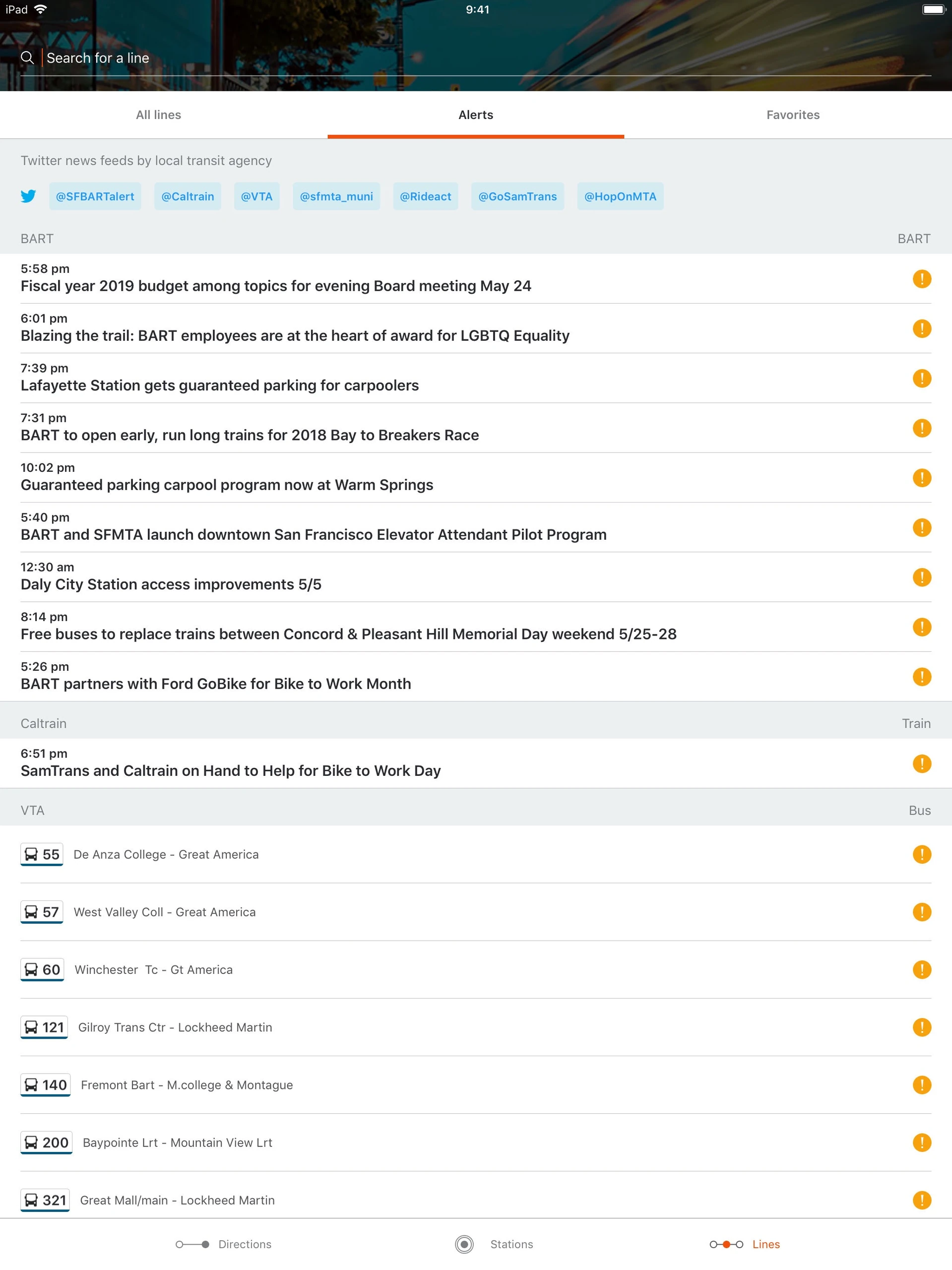 Moovit iPad transit lines list and service alerts