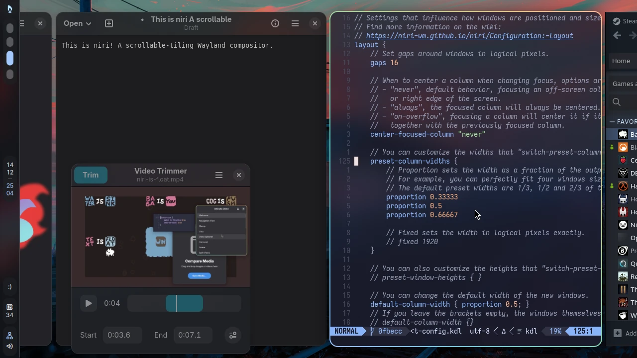 Niri scrolling tiled desktop with text editor, terminal and application windows