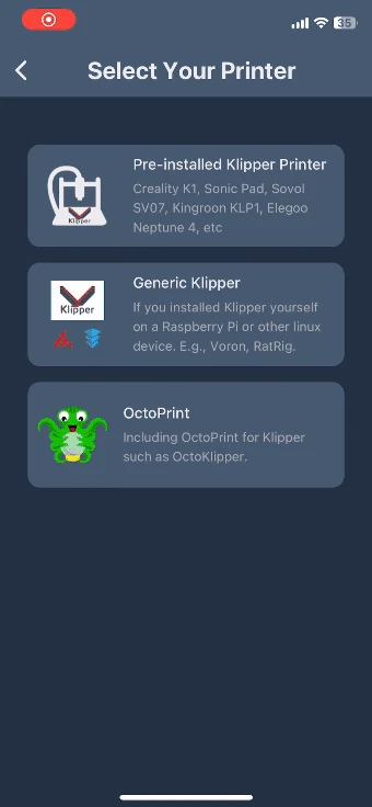 Obico iOS printer selection with Klipper and OctoPrint options