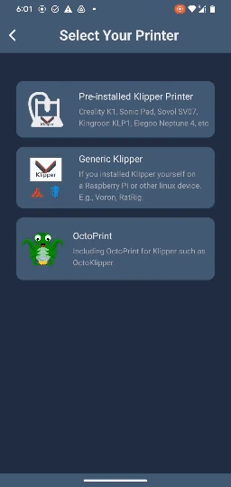 Obico Android printer selection with preinstalled Klipper, generic Klipper and OctoPrint options
