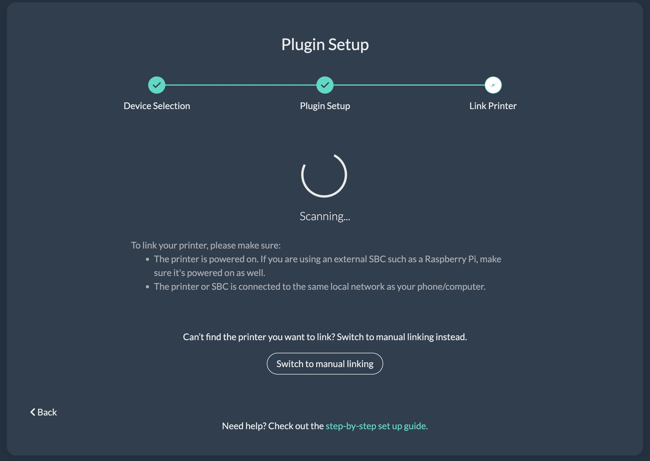 Obico web printer plugin setup scanning screen