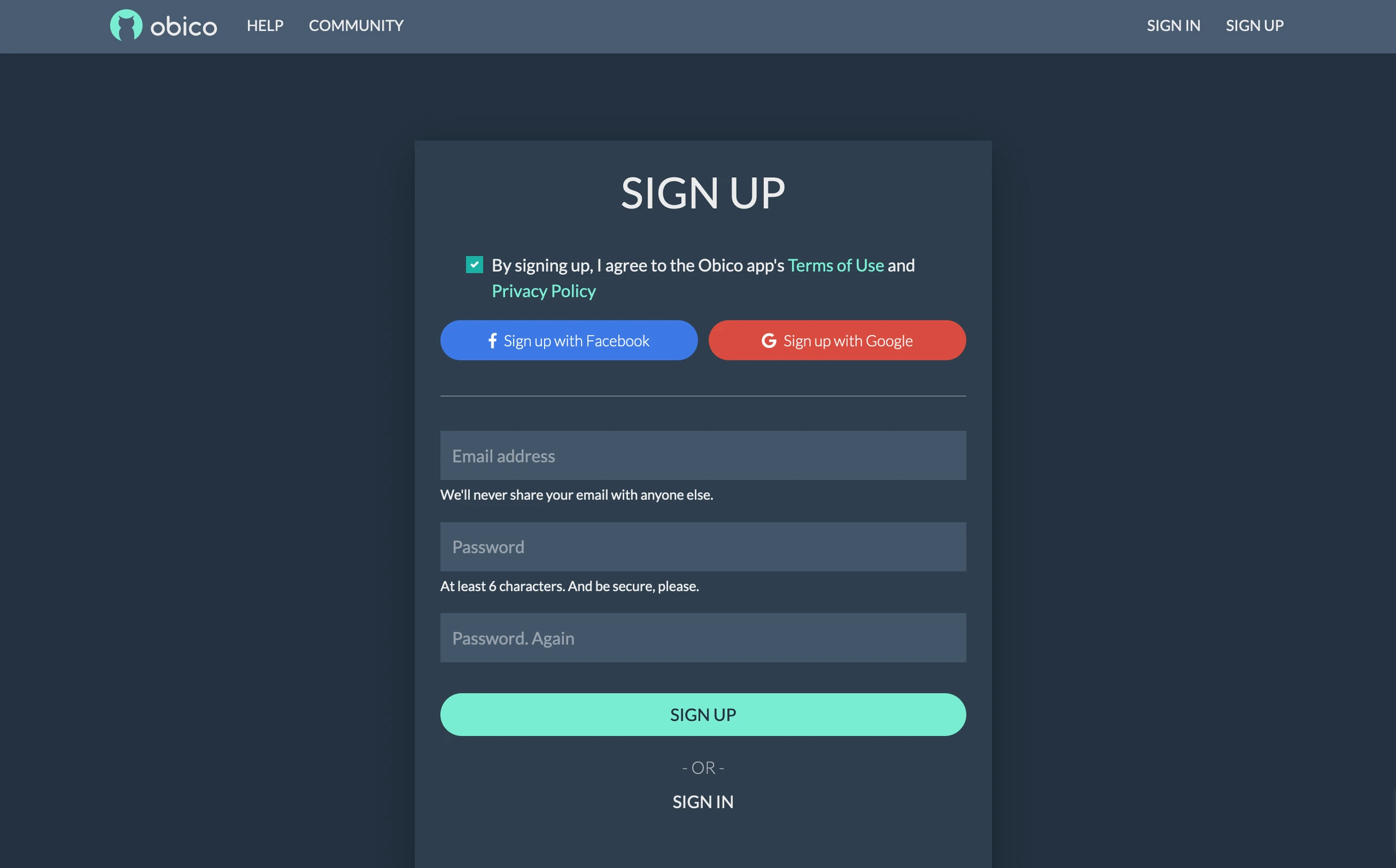 Obico account registration screen with social sign-up and email fields