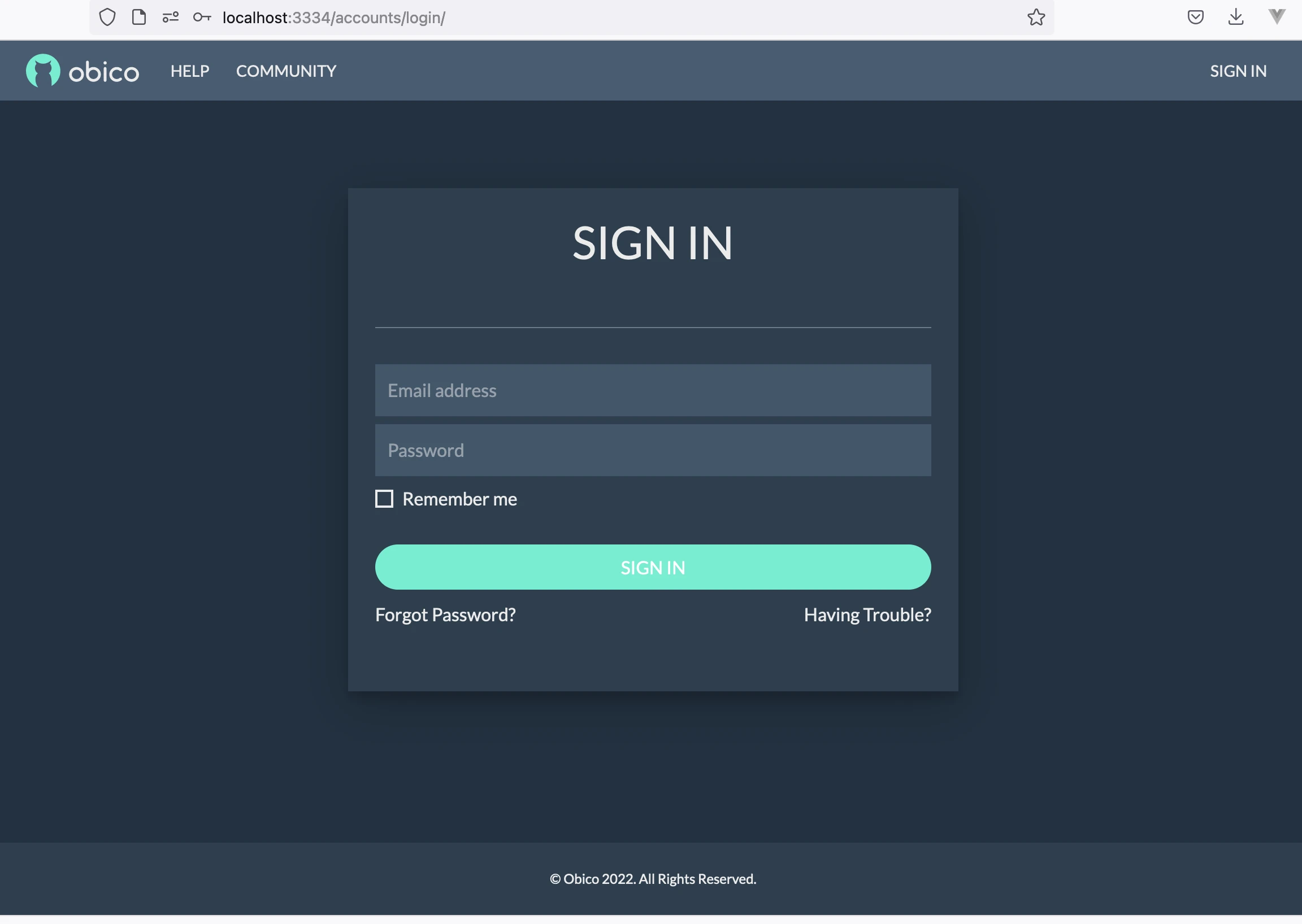 Obico server sign-in screen with email and password fields