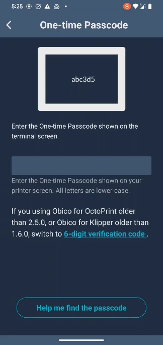 Obico mobile one-time passcode pairing screen