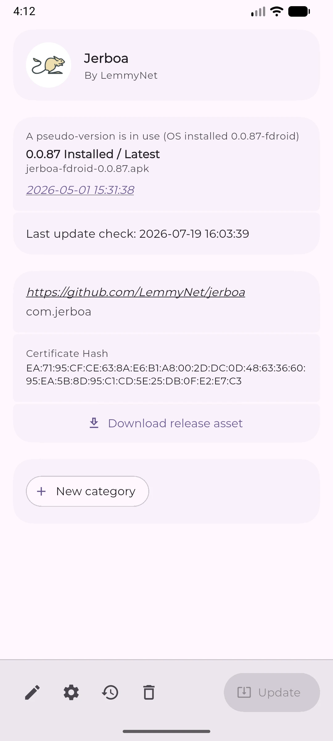 Obtainium application source and version detail
