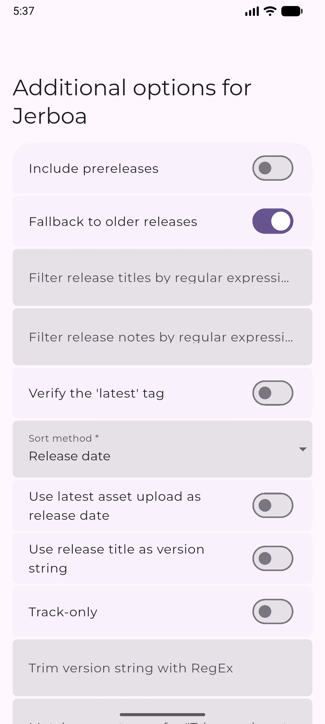 Obtainium per-application release tracking options