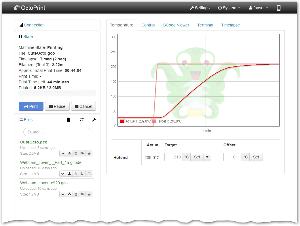 OctoPrint temperature tab with a hotend heating graph, print state panel and file list