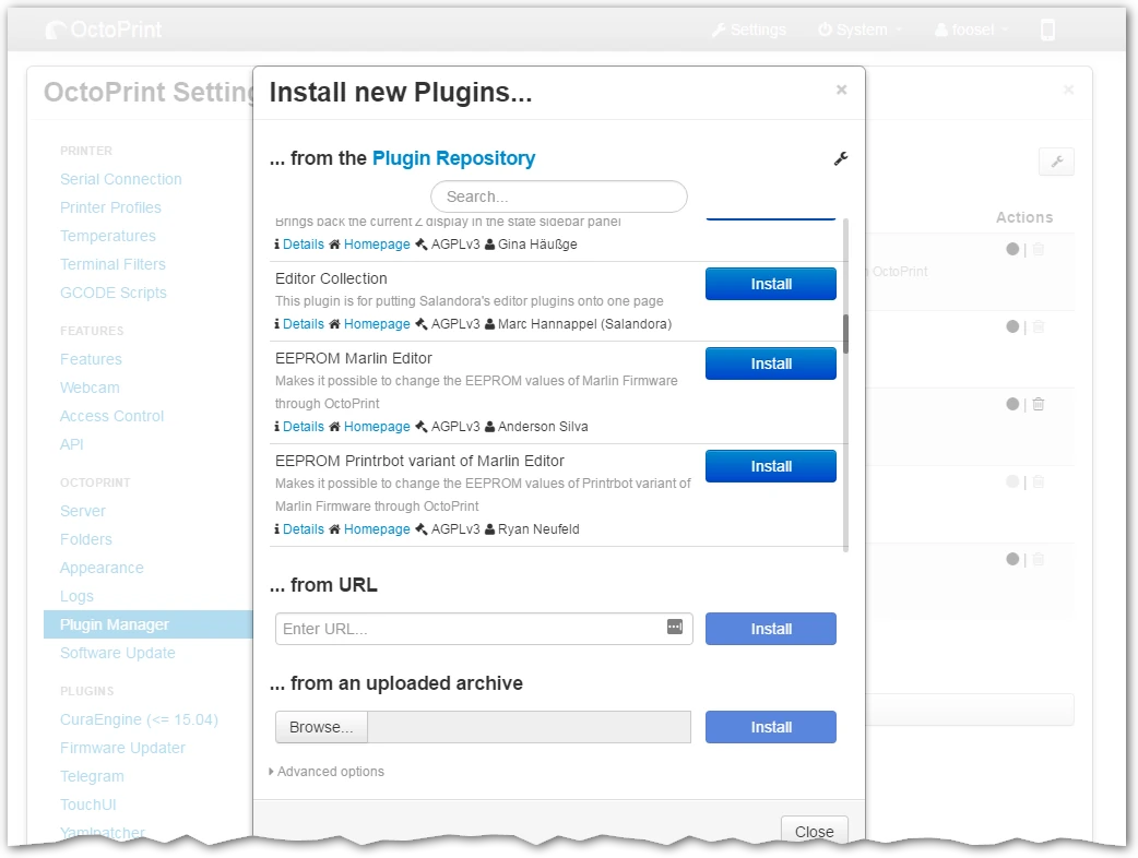 OctoPrint plugin installation dialog listing plugins and installation sources