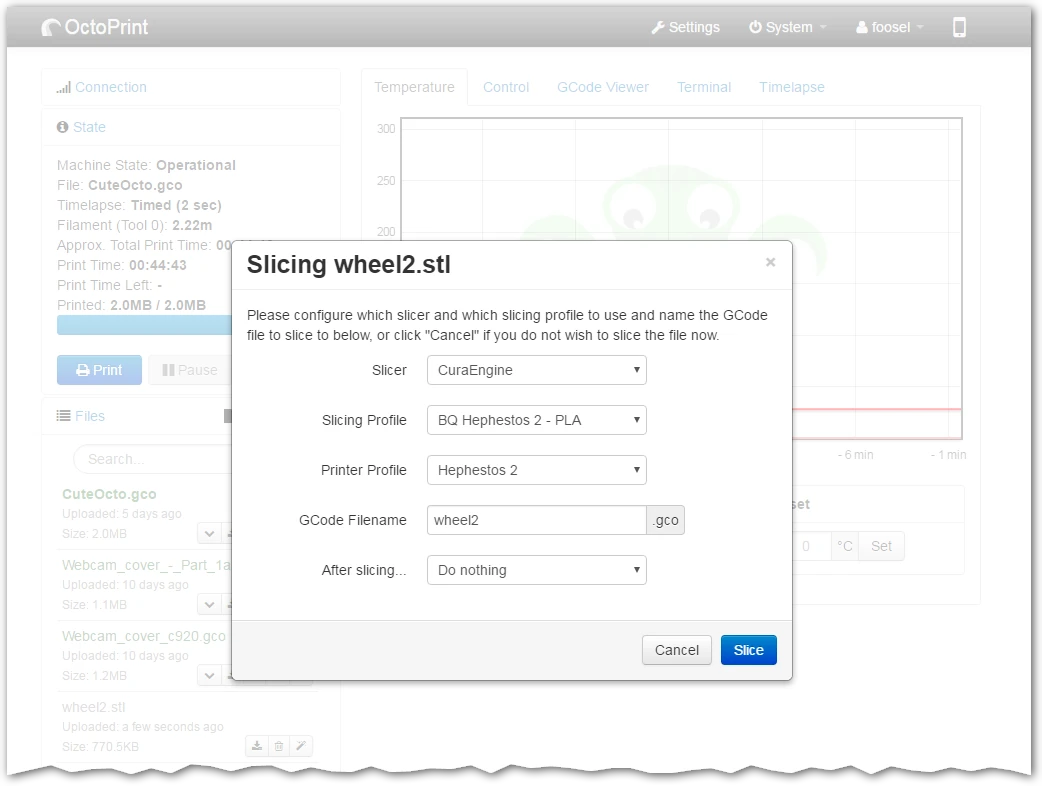 OctoPrint slicing dialog for wheel2.stl with CuraEngine profile