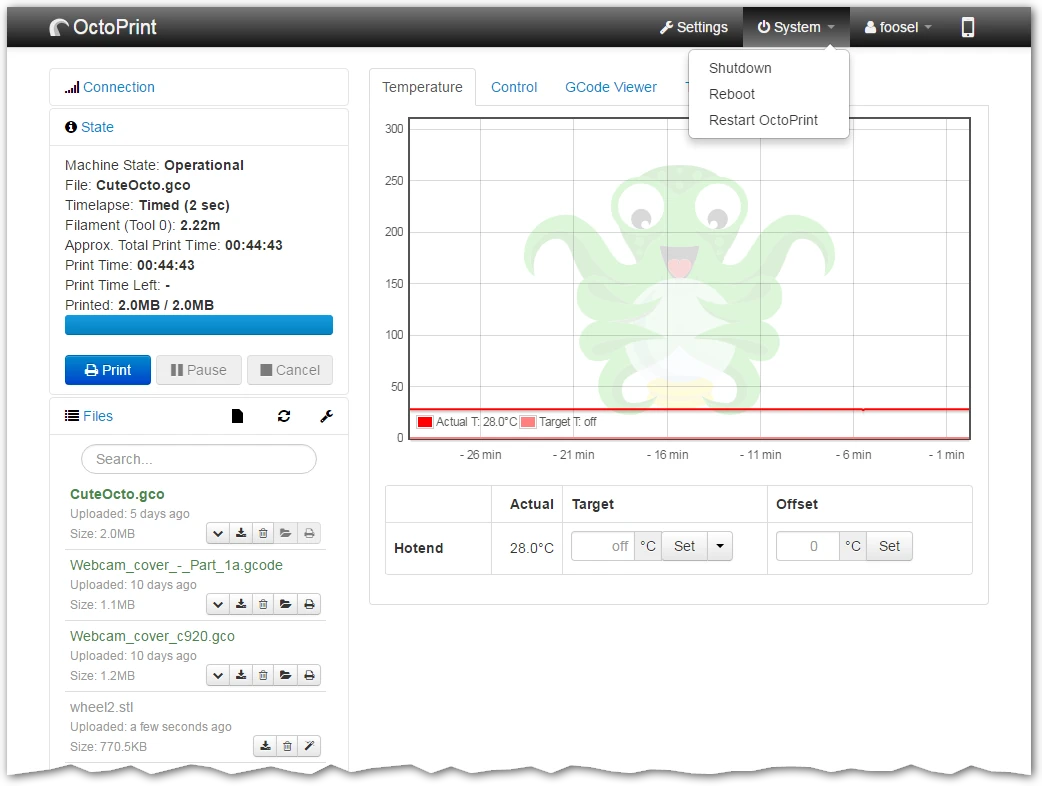 OctoPrint System menu with shutdown, reboot and restart actions