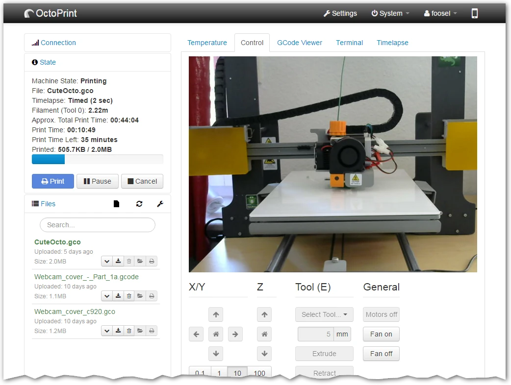 OctoPrint Control tab with printer webcam and movement controls