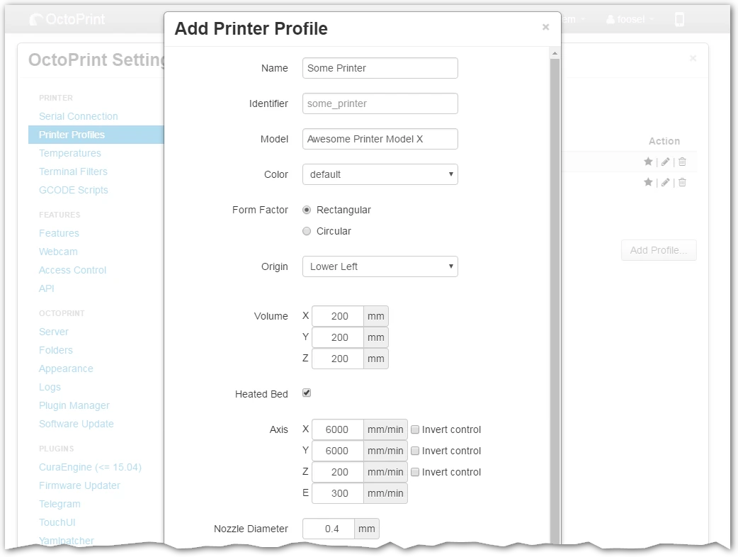 OctoPrint Add Printer Profile dialog with dimensions and axis settings