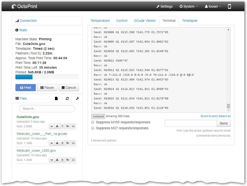 OctoPrint Terminal tab displaying printer commands and responses
