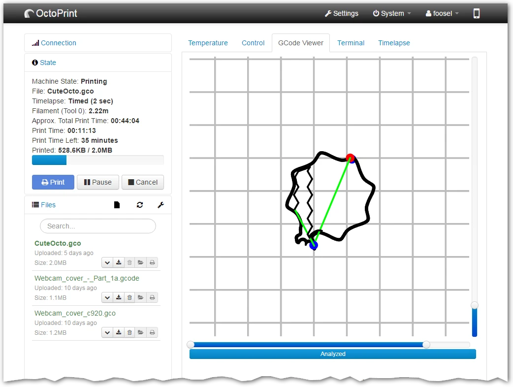 OctoPrint GCode Viewer showing a toolpath and layer controls