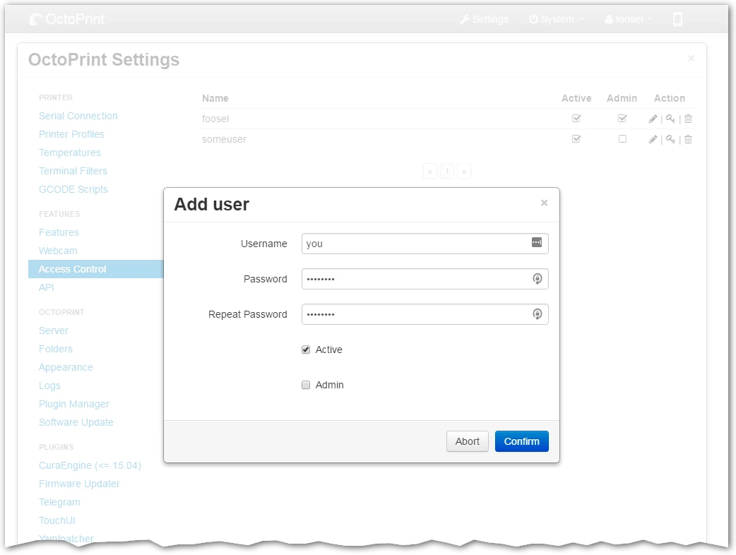 OctoPrint Add user dialog in Access Control settings