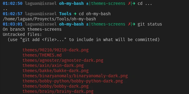 Oh My Bash font theme showing its prompt while browsing the project and checking Git status