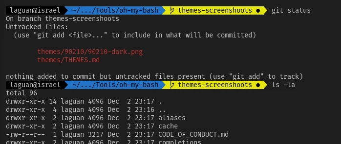 Oh My Bash agnoster theme showing its prompt while browsing the project and checking Git status