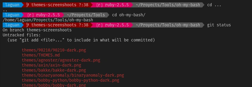 Oh My Bash powerline theme showing its prompt while browsing the project and checking Git status