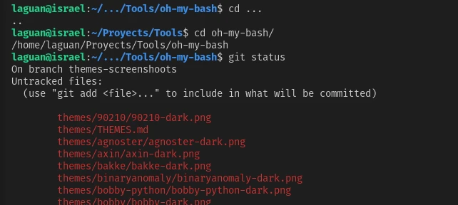 Oh My Bash standard theme showing its prompt while browsing the project and checking Git status