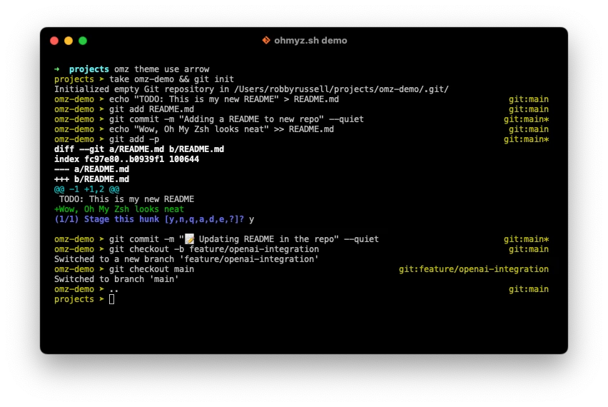 Oh My Zsh arrow terminal theme with yellow prompts and right-aligned Git branch status