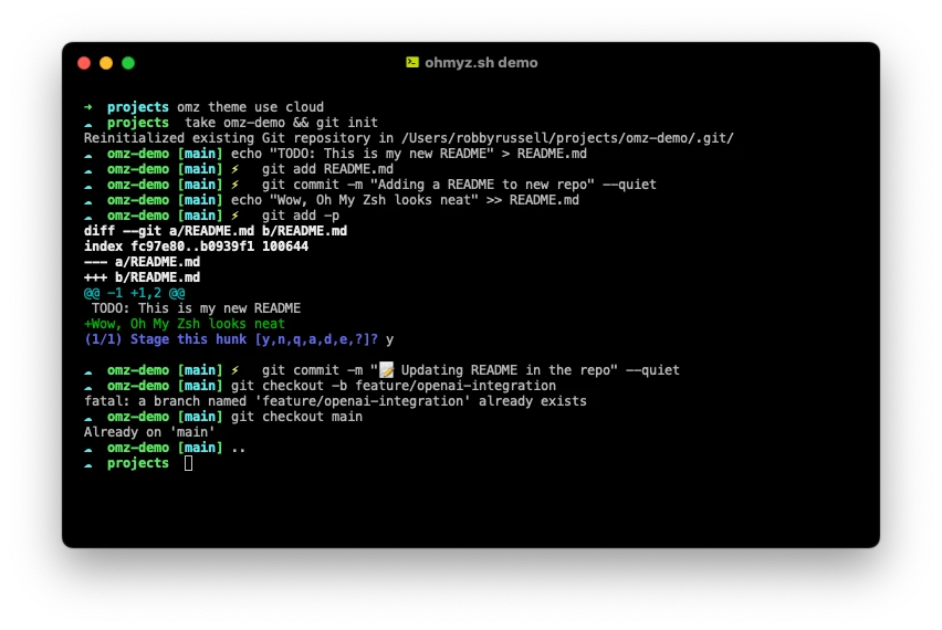 Oh My Zsh cloud terminal theme with blue cloud prompts and Git branch indicators