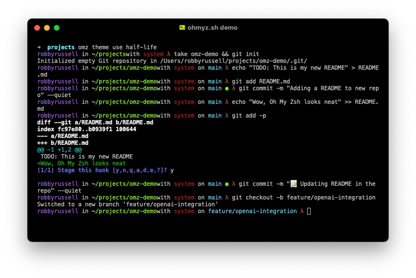 Oh My Zsh half-life terminal theme with colored username, directory and lambda prompts
